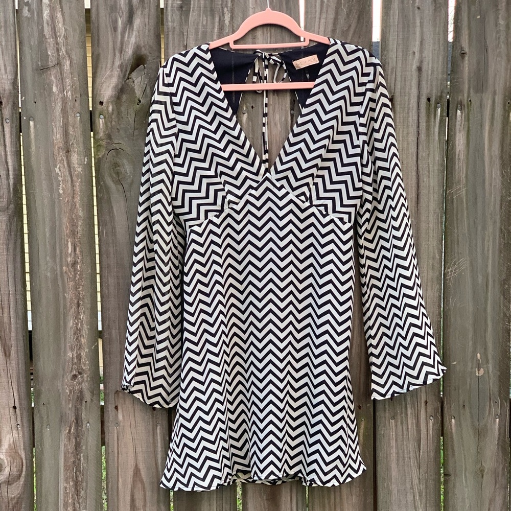 She + Hem Chevron Dress w/ Open Back + Bell Sleeve